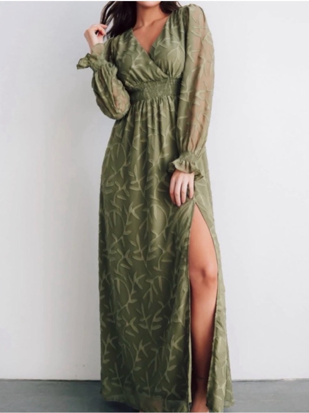 Baltic Born Sage Olive Green Long Sleeve Maxi Dress with Side Slit XL
